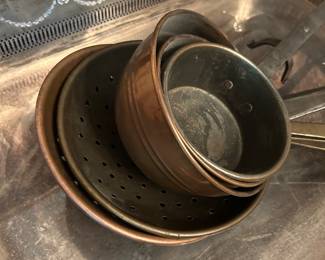 Copper pots and antique tray 