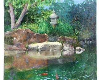 Signed Unframed Koi Pond Oil on Canvas