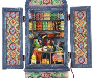 	Nicario Jimenez Quispe (Born 1957) Peruvian, Hand Carved and Painted Wooden Folk Art Retablo "La Bodega"