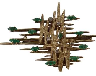 14k Gold, Diamond, and Emerald Brooch - Gross 18.8 g.