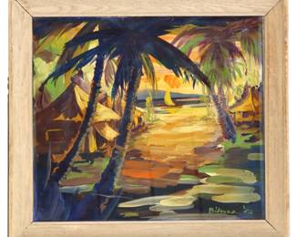 Salvador Brac Bidaure (1925-2019) Filipino, Oil on Board, Coastal Scene with Sailboats and Huts