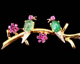 Carl Bucherer 18K Gold, Ruby, and Emerald Brooch, Birds on Branch - Gross 8.3 g.