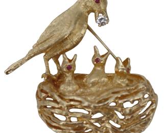 14k Gold, Diamond, and Ruby Brooch - Gross 21.6 g.