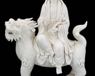 Chinese Qing Dynasty Marked Blanc de Chine Guanyin Riding a Qilin Sculpture
