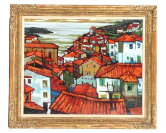Jesus Mecko Casaus (1926-2002) Spanish, Oil on Canvas Cityscape "El Puerto Cudillero"