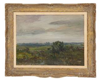 Lewis Meakin (1850 - 1917) American, Oil on Board Landscape "A Quiet Day, Outskirts of Cincinnati"