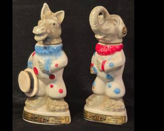Pair of vintage 1968 Jim Beam ceramic decanters, a Democratic clown donkey and a Republican clown elephant