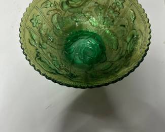 Vintage green glass bowl rose pattern