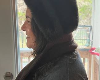 Ladies winter hood featuring Black Fain hood with Brown scarf