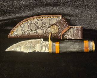 Handcrafted Damascus Steel Knife with leather hand tooled sheath