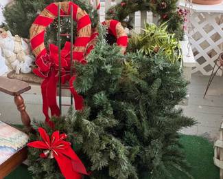Lot's of Christmas decorations: wreaths, garland, sm. trees & ornaments