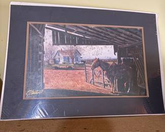 framed old pastel horse barn & farm drawing