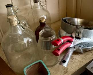 So many vintage glass bottles, jugs, pitchers, and mason jars