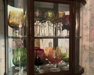 Mahogany wall cabinet with Bohemian wine glasses