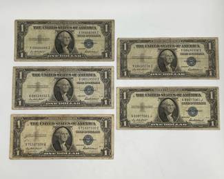 Five 1935 F $1 Silver Certificates