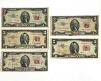 Five 1953 A $2 Legal Tender Notes
