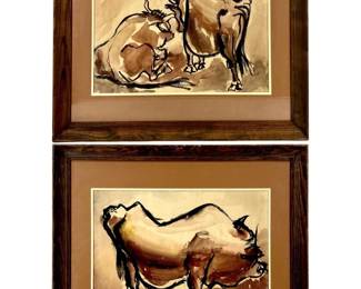 2pc Picasso-Style Watercolor Bulls on Paper