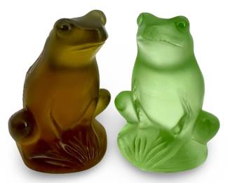 2pc Lalique-Finished Green & Amber Crystal Frogs