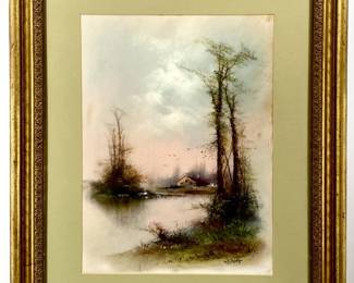 Signed W. Debrah Lakeside House Pastel on Paper