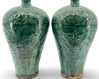 2pc Green Glazed Chinese Ceramic Vases