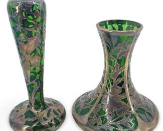 Antique Sterling Decorated Green Art Glass Vases