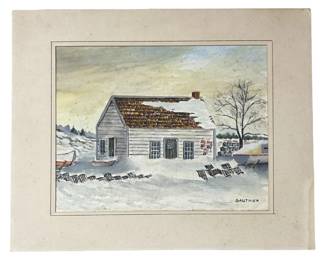 Signed Gauthier Winter Watercolor Landscape