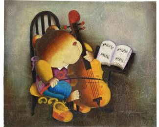 Signed Joyce Roybal Oil on Canvas Hamster on Cello