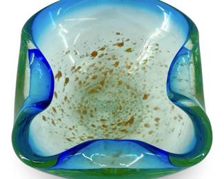 Vintage Gold Speckled Blue Art Glass Dish