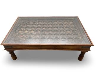 Antique Wood Indian Door Glass Top Coffee Table
