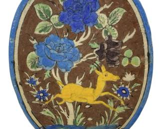 Qajar Polychrome Ceramic Tile with Gazelle