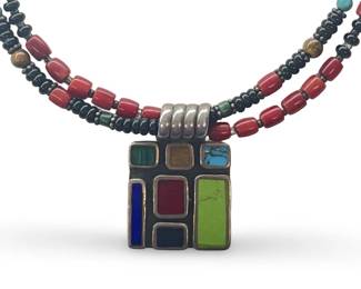 Sterling Silver Mosaic Inlay Bead Pendant Necklace