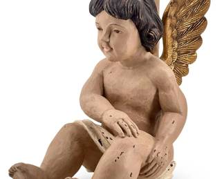 Antique Wooden Polychrome Painted Cherub