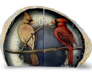 Signed H. McGee Painted Cardinal Agate Bookends