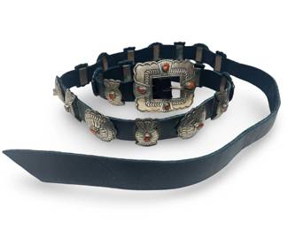Signed MR Sterling Silver Coral Concho Belt
