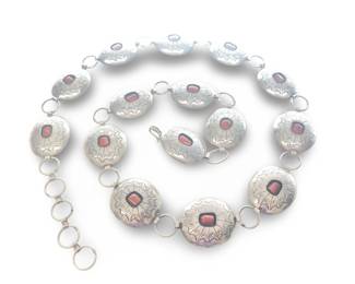 Signed AL Navajo Sterling Silver Coral Concho Belt