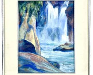 Signed Ferrara Oil Pastel Waterfall Painting