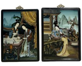2pc. Signed Chinese Reverse Glass Painting