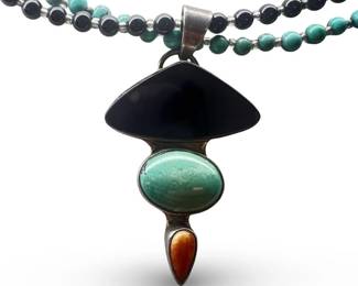 Native American Sterling Onyx Turquoise Pendant