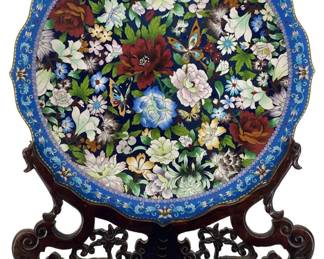 Large Enameled Cloisonné Art Plate on Stand