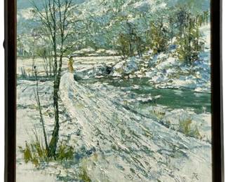 Signed Vintage Winter Landscape Acrylic on Canvas
