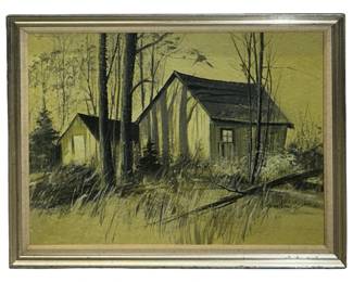 Signed MCM Yellow Barn Landscape Oil on Panel