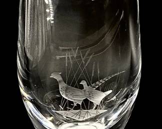 Etched Quail Design Orrefors Crystal Vase