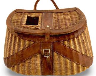 Antique Hand Woven Wicker & Leather Fishing Creel