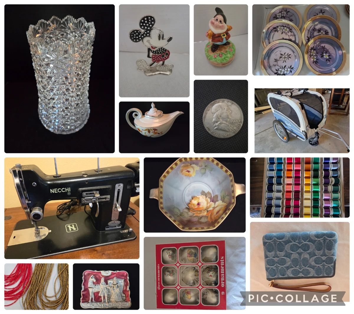 Disney, Hummel, Waterford, Lusterware, Coach, Michael Kors, coins, Depression glass, Hall's -Lots of vintage and pop culture collectibles.