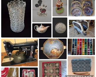Disney, Hummel, Waterford, Lusterware, Coach, Michael Kors, coins, Depression glass, Hall's -Lots of vintage and pop culture collectibles. 