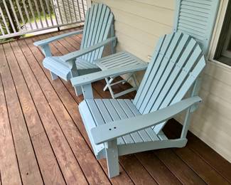 (2) Painted Wooden Adirondack Chairs and Side Table