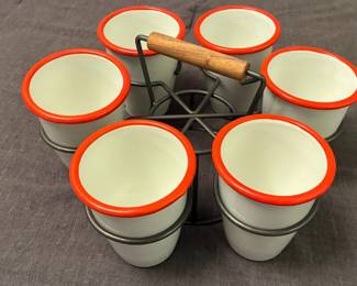 (6) Enamel Cocoa Mugs with Carrying Rack