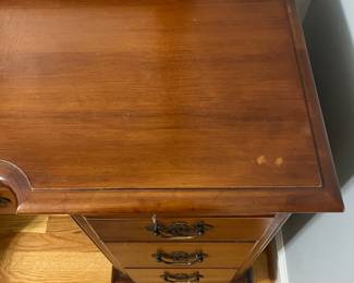 H25 - $145. Three-piece Vanity Set. Mirror Measures 26“ W x 44” Tall. Vanity measures 45” W x 20” D x 30” Tall. Stool measures 32” W x 13.5” D x 17“ Tall.