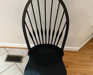 H54 - $600. Set of 8 Slovenian Dining Chairs - Wooden & Sturdy. 2 Arm Chairs. Each measures 23” W x 18” D x floor to seat 18” x floor to back 43” Tall. 6 Regular Chairs. Each measures 20” W x 18“ D x floor to seat 17” x floor to back 43” Tall.