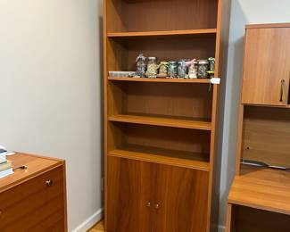 H36 - $85. Bookshelf with Storage Cabinet. Measures 37.5” W x 15.5” D x 84.5“ Tall. Excellent condition. Shelves are not adjustable..